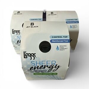 L'eggs Sheer Energy Compression Tights Women Sz B Jet Black Control Top 3 pk NEW
